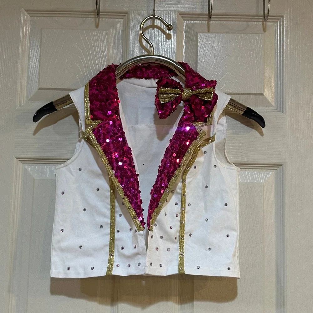 Weissman Girls Dance Vest Pink Sequin Gold Trim Rhinestone LC Large Child Bow